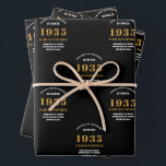 90th Birthday born 1935 Add Name Black Gold Wrapping Paper Sheet<br><div class="desc">A personalised wrapping paper design for that birthday celebration for a special person. Add the name to this vintage retro style black and gold design for a custom birthday gift. Easily edit the name and year with the template provided. A wonderful custom birthday gift. More gifts and party supplies for...</div>