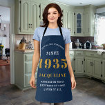 90th Birthday Born 1935 Blue And Gold Apron<br><div class="desc">A personalised classic blue apron design for that birthday celebration for somebody born in 1935 and turning 90. Add the name to this vintage retro style blue and gold design for a custom 90 birthday gift. Easily edit the name and year with the template provided. A wonderful custom birthday gift....</div>