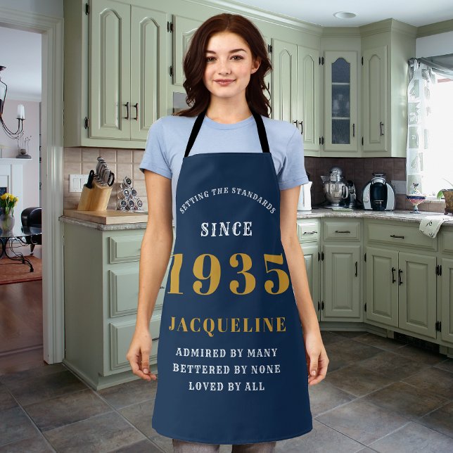 90th Birthday Born 1935 Blue And Gold Apron (Born 1935 blue and gold long apron)