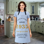 90th Birthday Born 1935 Blue And Gold Apron<br><div class="desc">A personalised classic blue apron design for that birthday celebration for somebody born in 1935 and turning 90. Add the name to this vintage retro style design for a custom 90 birthday gift. Easily edit the name and year with the template provided. A wonderful custom birthday gift. More gifts and...</div>