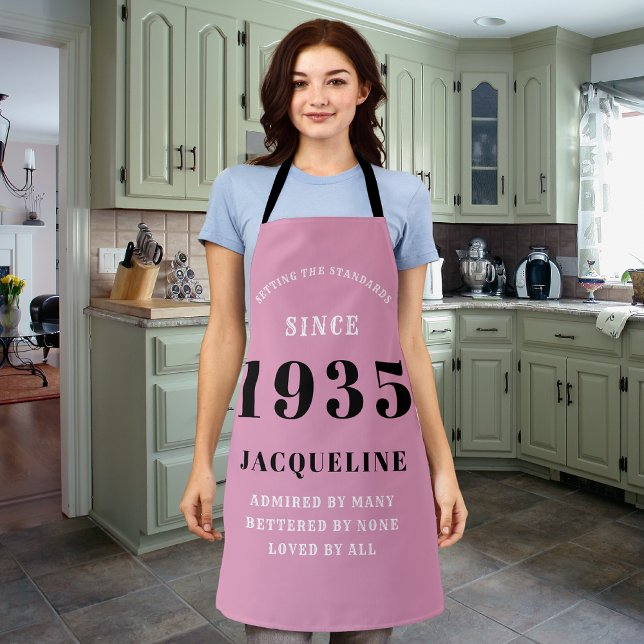 90th Birthday Born 1935 Pink Black Lady's Apron (Long pink apron for those born in 1935)
