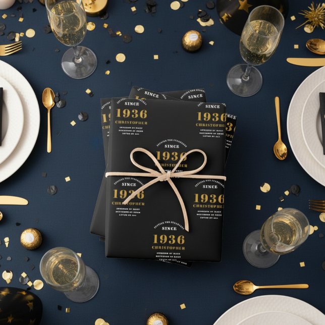 90th Birthday born 1936 Add Name Black Gold Wrapping Paper Sheet (1936 black and gold wrapping paper on presents on blue table cloth)