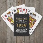 90th Birthday Born 1936 Legend Black Gold Playing Cards<br><div class="desc">Vintage design 90th birthday born 1936 "Original Quality Legendary Inspiration" playing cards. Add the name and year as desired in the template fields creating a unique birthday celebration item. Team this up with the matching gifts,  party accessories,  and clothing available in our store www.zazzle.com/store/thecelebrationstore</div>