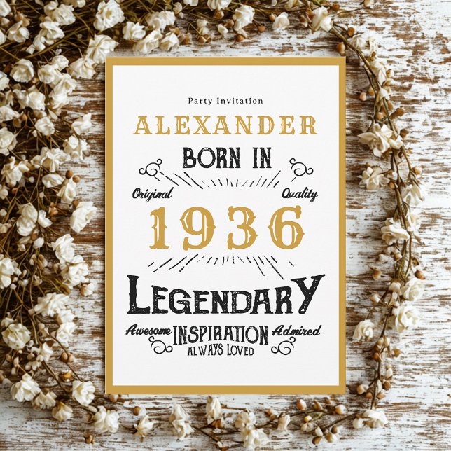 90th Birthday Born 1936 White Gold Legend Invitation (Born 1936 birthday invitation.)