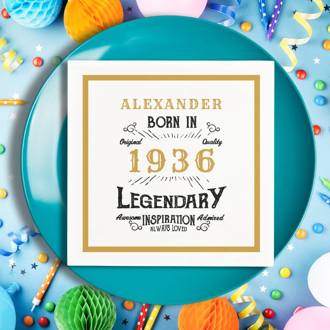 90th Birthday Born 1936 White Gold Legend Napkin (Born 1936 Napkin on a blue plate.)