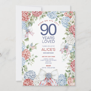 90th Birthday, Born on 4th July Patriotic Floral Invitation