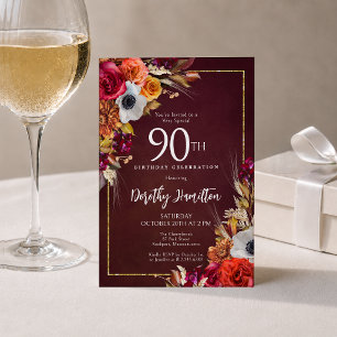 90th Birthday Burgundy Fall Flowers Elegant Script Invitation