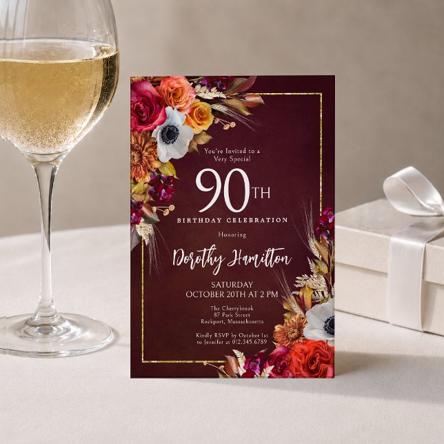 90th Birthday Burgundy Fall Flowers Elegant Script Invitation (Creator Uploaded)