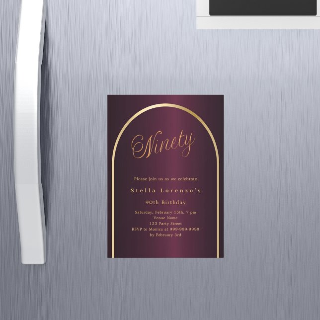 90th birthday burgundy gold arch script luxury magnetic invitation (Creator Uploaded)