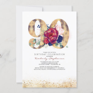 90th Birthday Burgundy Red and Navy Blue Invitation