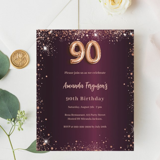 90th birthday burgundy rose gold invitation (Creator Uploaded)