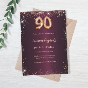 90th birthday burgundy rose gold invitation