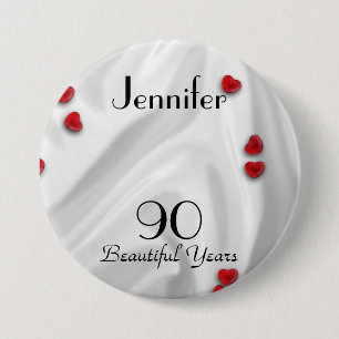 90th Birthday Button / Pin, Small Red Hearts