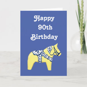 90th Birthday Card with Yellow Dala Horse