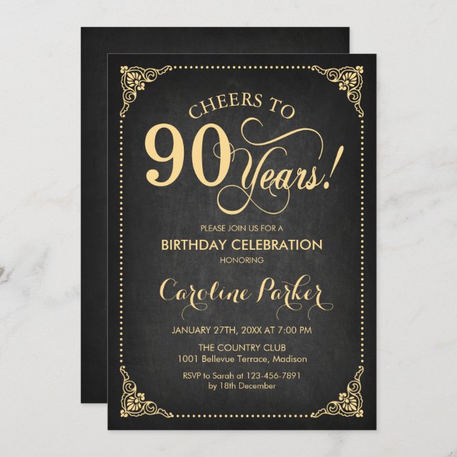 90th Birthday - Chalkboard Gold Invitation (Front/Back)