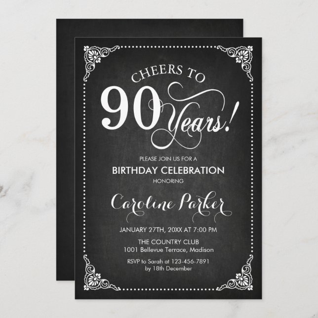 90th Birthday - Chalkboard White Invitation (Front/Back)