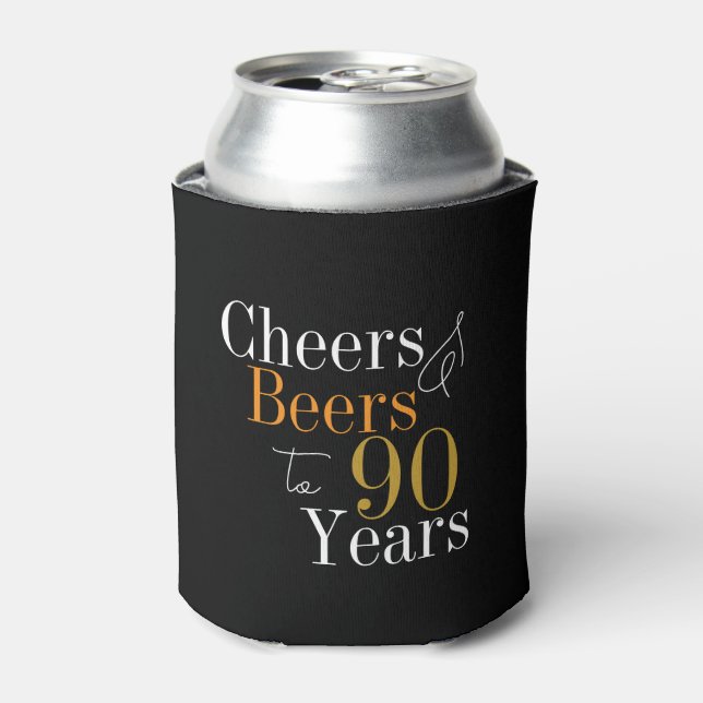90th Birthday Cheers and Beers Party Black Gold Can Cooler (Can Front)