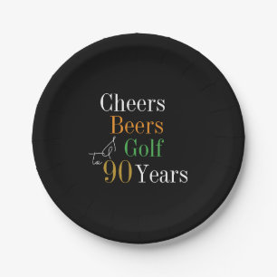 90th Birthday Cheers Beers Golf Black Gold Party Paper Plate