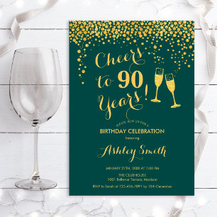 90th Birthday - Cheers To 90 Years Emerald Green Invitation