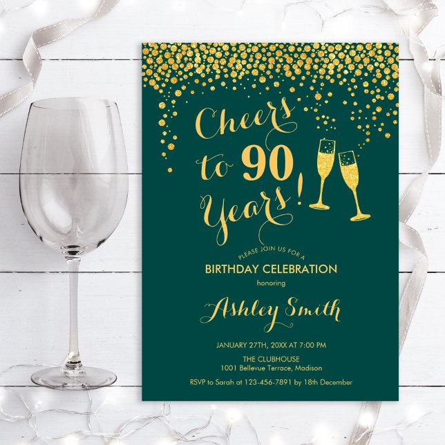 90th Birthday - Cheers To 90 Years Emerald Green Invitation (Creator Uploaded)