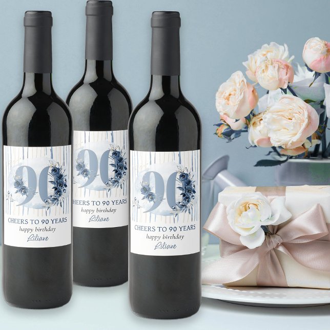 90th Birthday Cheers to 90 Years Floral Number Wine Label (90th Birthday Wine Label from my Floral Number Birthday Party Collection)