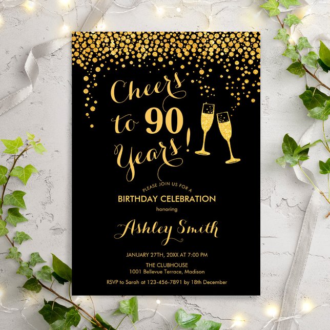 90th Birthday - Cheers To 90 Years Gold Black Invitation (Creator Uploaded)
