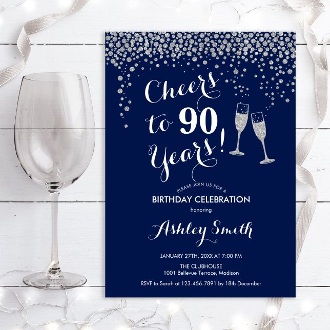 90th Birthday - Cheers To 90 Years Silver Navy Invitation (Creator Uploaded)