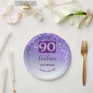 90th Birthday Chic Falling Purple Glitter Paper Plate
