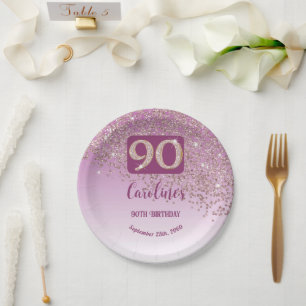90th Birthday Chic Falling Rose Gold Glitter Paper Plate