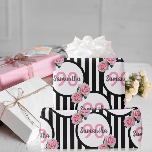 90th birthday chic pink roses black white stripes wrapping paper (Creator Uploaded)