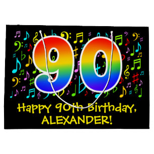 90th Birthday - Colorful Music Symbols, Rainbow 90 Large Gift Bag