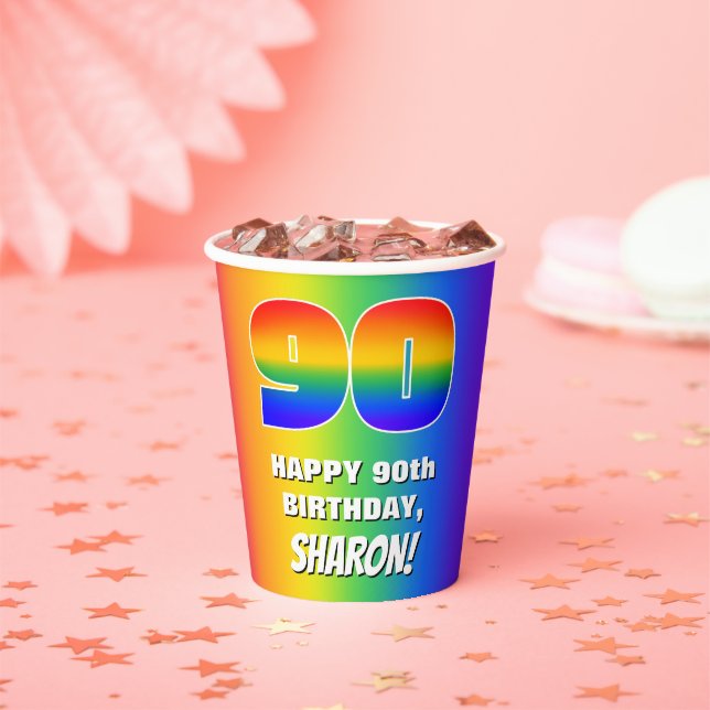 90th Birthday: Colourful, Fun Rainbow Pattern # 90 Paper Cups (Insitu)