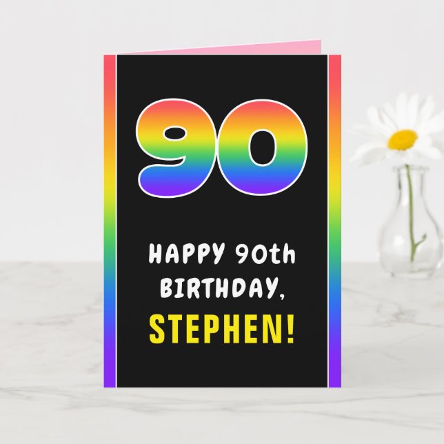 90th Birthday: Colourful Rainbow # 90, Custom Name Card (Small Plant)