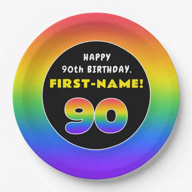 90th Birthday: Colourful Rainbow # 90, Custom Name Paper Plate (Front)