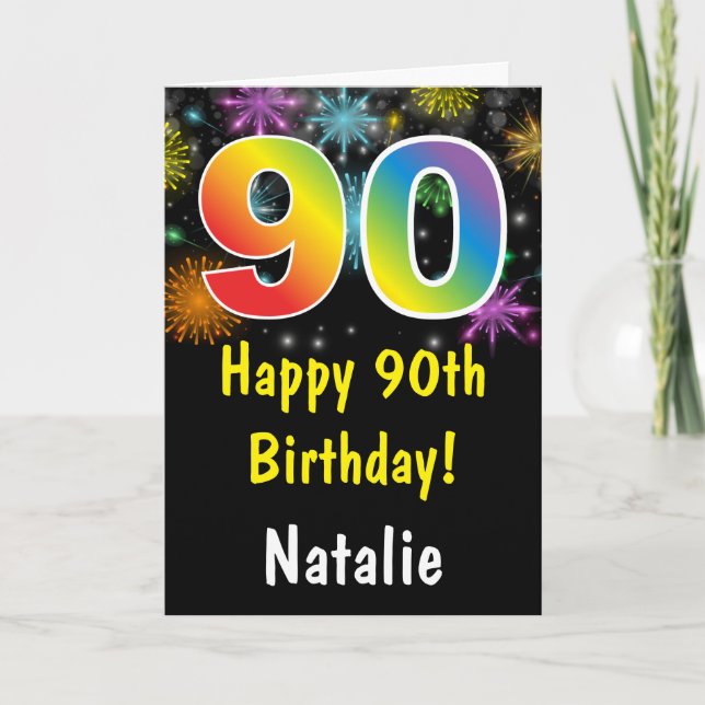 90th Birthday Colourful Rainbow Fireworks Card (Front)