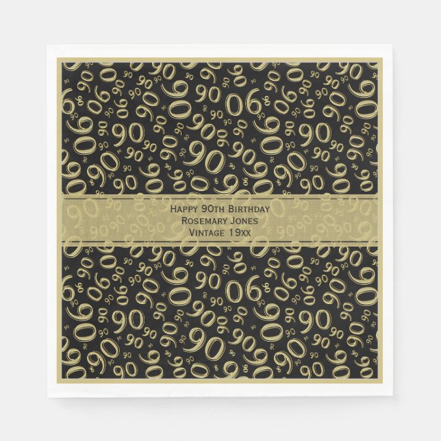 90th Birthday Cool Number Pattern Black/Gold Napkin (Front)