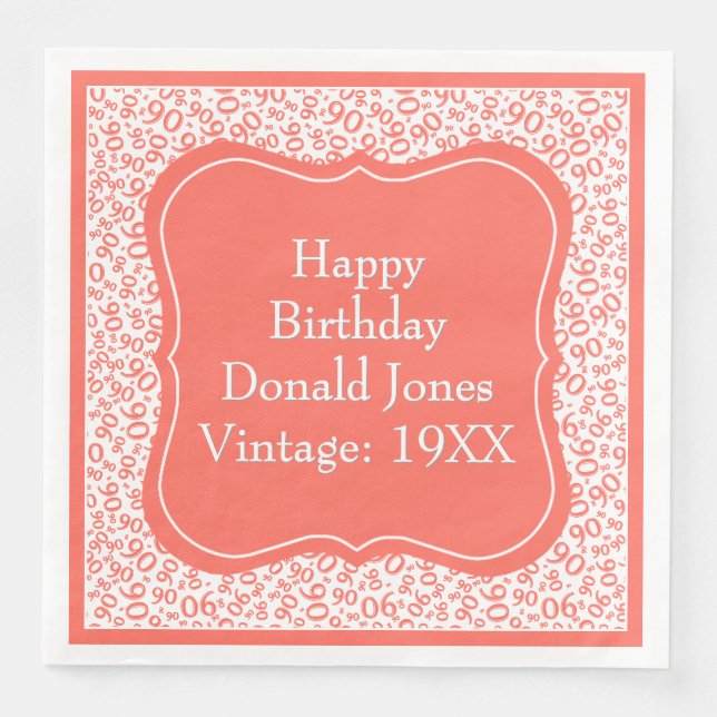 90th Birthday Coral/White Bracket Number Pattern Napkin (Front)
