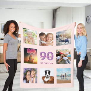90th birthday custom photo collage rose gold pink fleece blanket