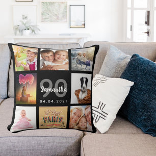 90th birthday custom photo collage woman black cushion