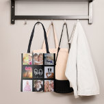 90th birthday custom photo collage woman black tote bag<br><div class="desc">A unique gift for a woman's 90th birthday, celebrating her life with a collage of 8 of your own photos, pictures. Personalise and add her name, age 90 and a date. A chic black background. Grey and white letters and numbers. The name is written with a modern hand lettered style...</div>
