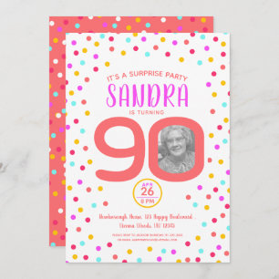 90th birthday custom photo living coral confetti invitation