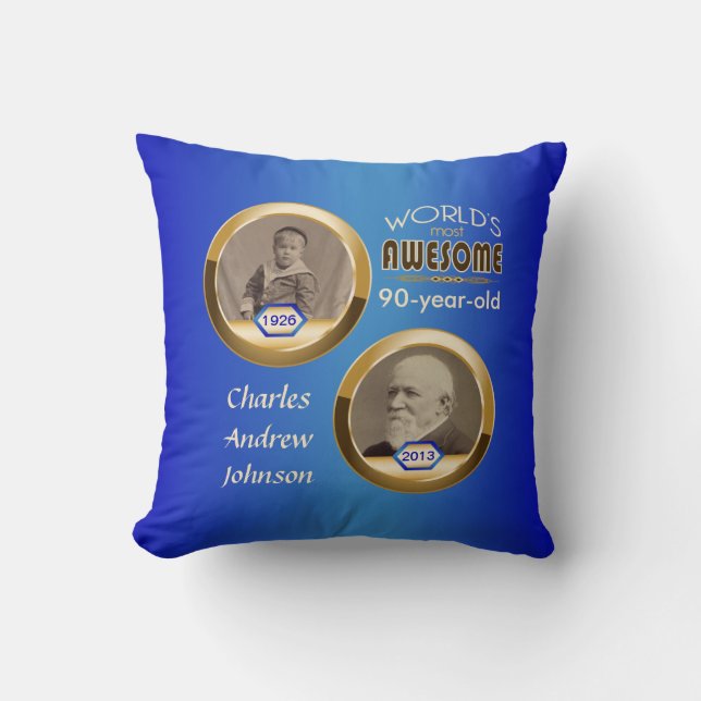 90th Birthday Custom Then Now Gold Blue Photoframe Cushion (Front)