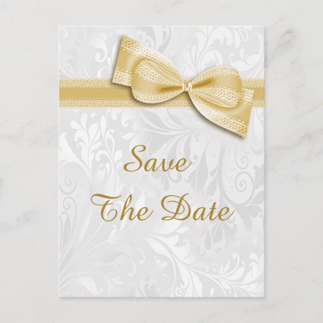 90th Birthday Damask and Faux Bow Save The Date Announcement Postcard (Front)