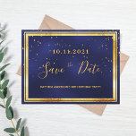 90th birthday dark blue gold save the date postcard<br><div class="desc">A Save the Date card for a 90th birthday party for a guy, man, male. A dark blue background decorated with golden confetti and a faux gold and black frame. The blue colour is uneven. Templates for a date and name/age 90. Golden coloured letters. The text: Save the Date is...</div>