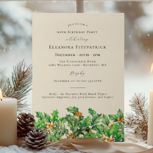 90th Birthday December Birth Month Flower Holly Invitation