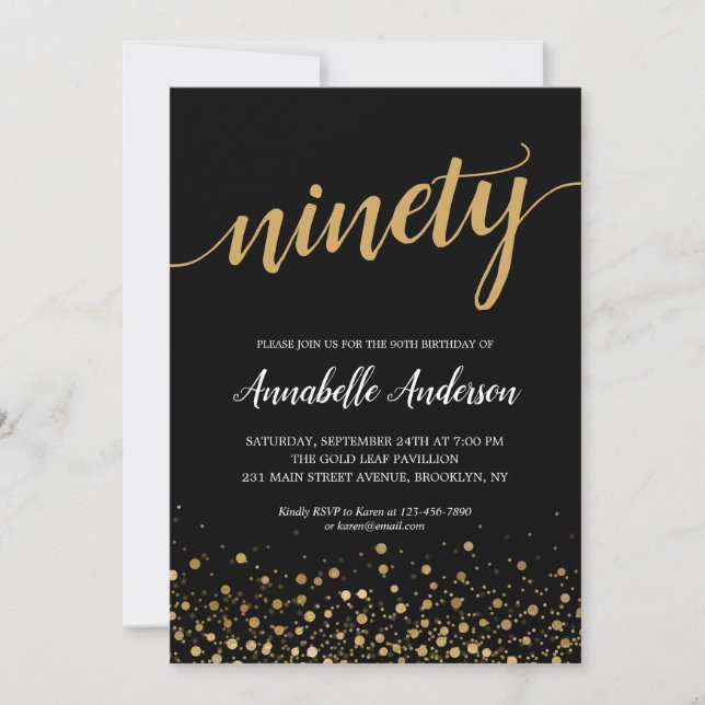 90th Birthday Elegant Black Gold Confetti Script Invitation (Front)