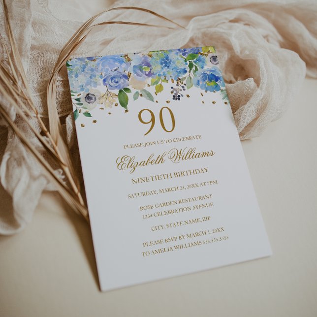 90th Birthday Elegant Blue Gold Floral Invitation (Creator Uploaded)