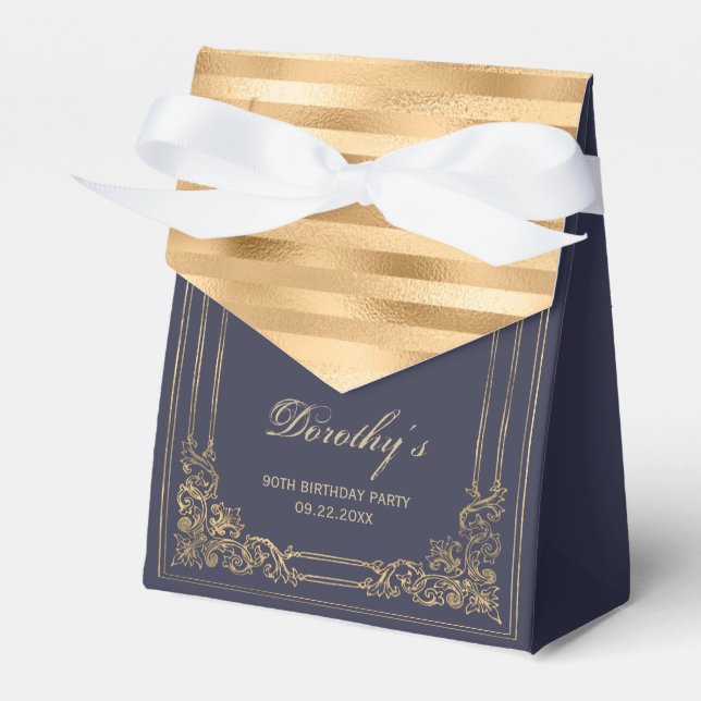 90th Birthday Elegant Dark Navy Gold Framed Script Favour Box (Front Side)