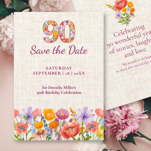90th Birthday Elegant Floral Linen Wildflowers Save The Date
