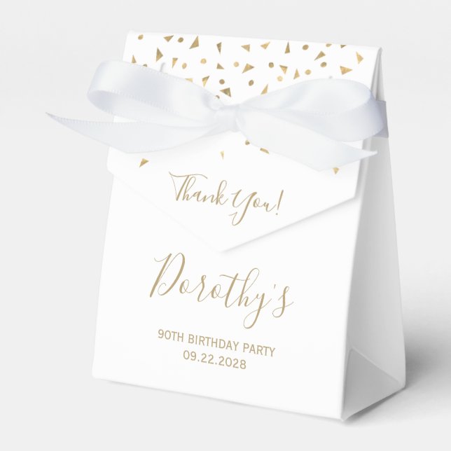 90th Birthday Elegant Gold Confetti White Favour Box (Front Side)